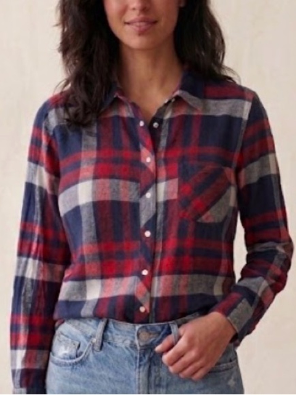 mySTYLE Red Navy Blue Plaid Cotton Flannel Snap Button Down Shirt Large